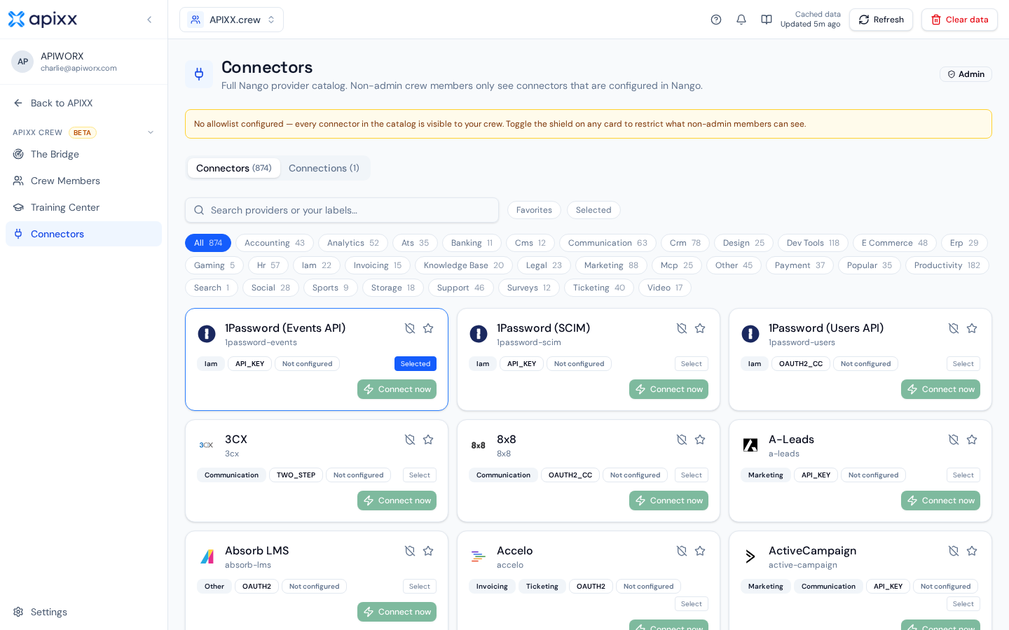 APIWORX.crew connectors catalog with search, categories, and connection status