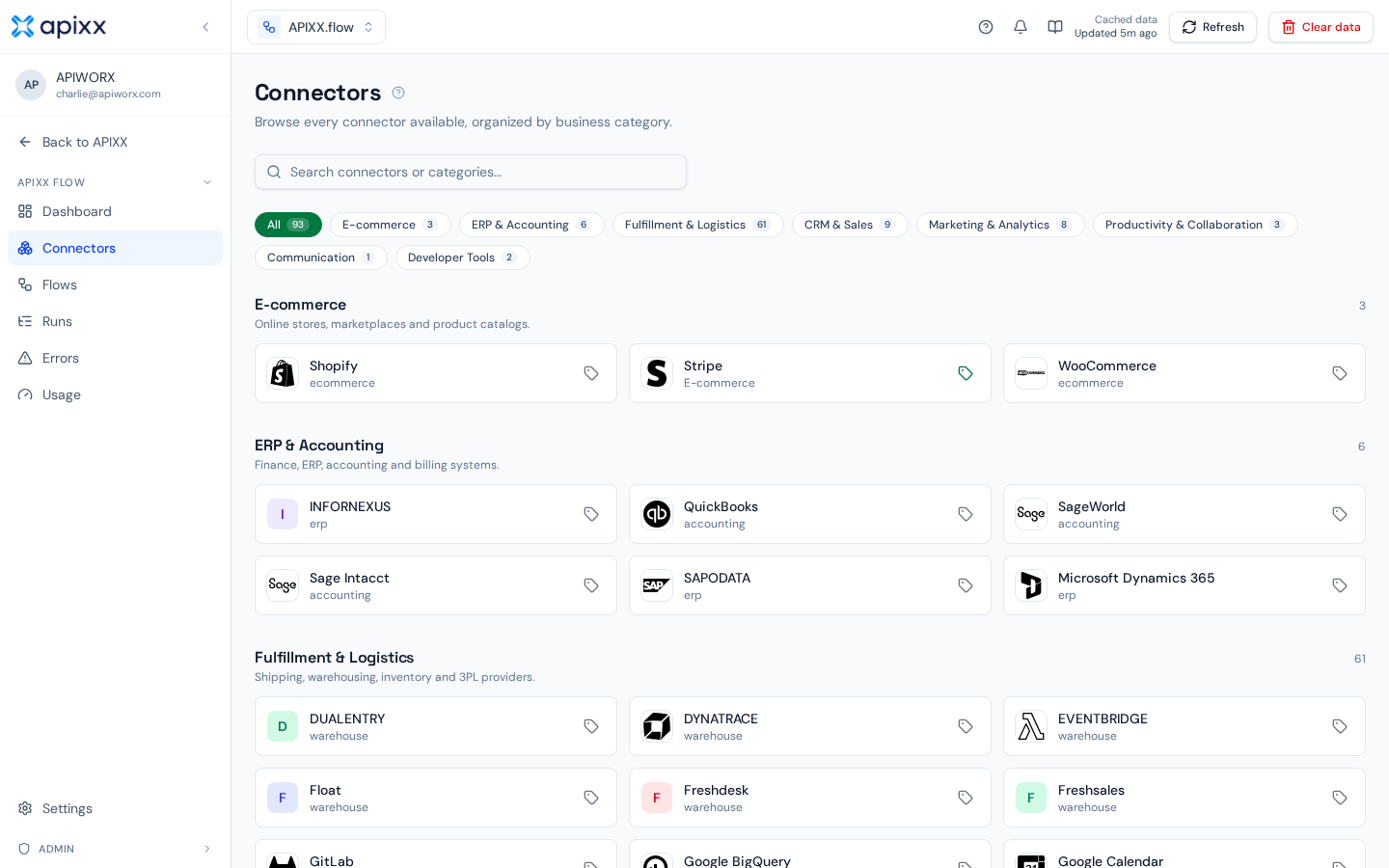The Connectors page listing credentialed source and destination links